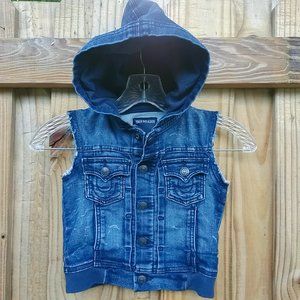 True Religion Toddler Dark Wash Distressed Denim Hooded Dylan Vest Unisex 2T